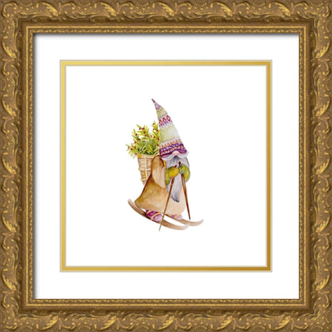 Skiing Gnome Gold Ornate Wood Framed Art Print with Double Matting by Gaynor, Janice