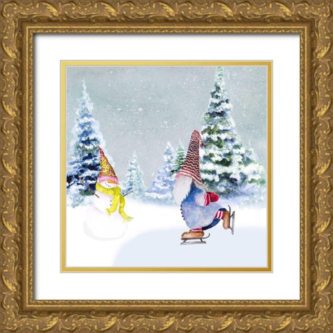 Gnomes Ice Skating I Gold Ornate Wood Framed Art Print with Double Matting by Gaynor, Janice