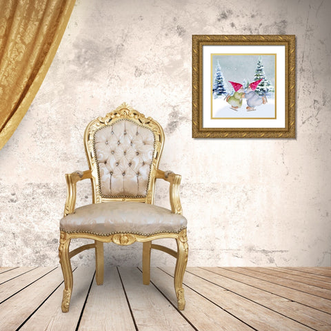 Gnomes Ice Skating II Gold Ornate Wood Framed Art Print with Double Matting by Gaynor, Janice