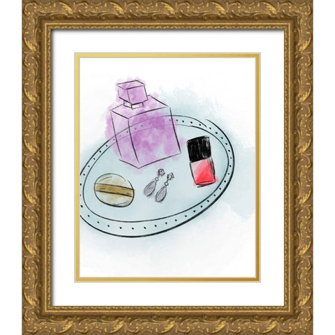 Makeup Tray Gold Ornate Wood Framed Art Print with Double Matting by Quach, Anna