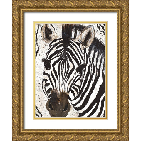 Zebra Face Gold Ornate Wood Framed Art Print with Double Matting by Torres, Melanie