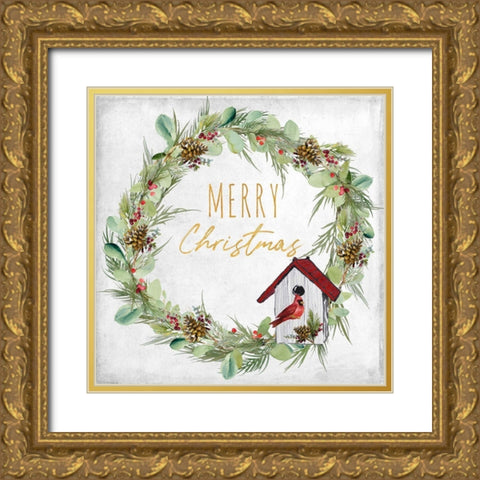 Merry Christmas Wreath and Bird House Gold Ornate Wood Framed Art Print with Double Matting by Loreth, Lanie
