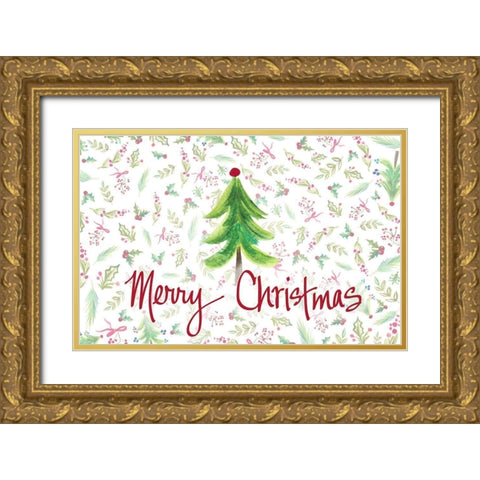 Merry Christmas Tree Gold Ornate Wood Framed Art Print with Double Matting by Del Sol, Ani