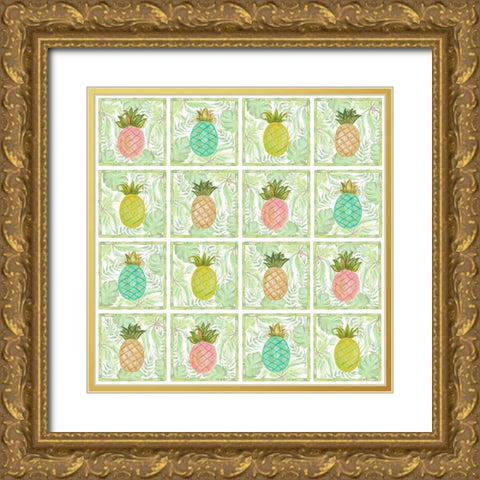 Tropical Pineapple Squares Gold Ornate Wood Framed Art Print with Double Matting by Del Sol, Ani