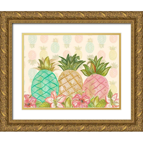 Pineapple Trio with Flowers Gold Ornate Wood Framed Art Print with Double Matting by Del Sol, Ani