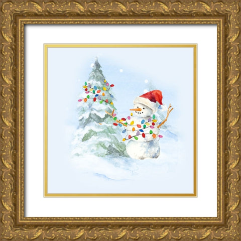 Christmas Snowy Pine And Snowman Gold Ornate Wood Framed Art Print with Double Matting by Loreth, Lanie