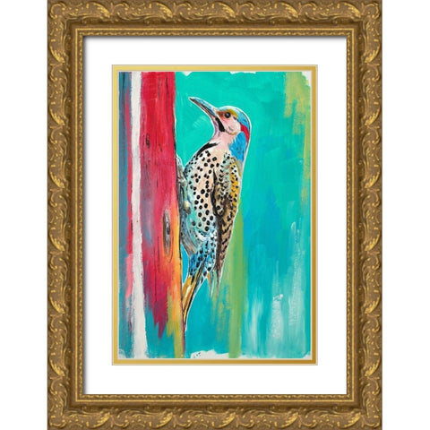 Woodpecker II Gold Ornate Wood Framed Art Print with Double Matting by Pinto, Patricia