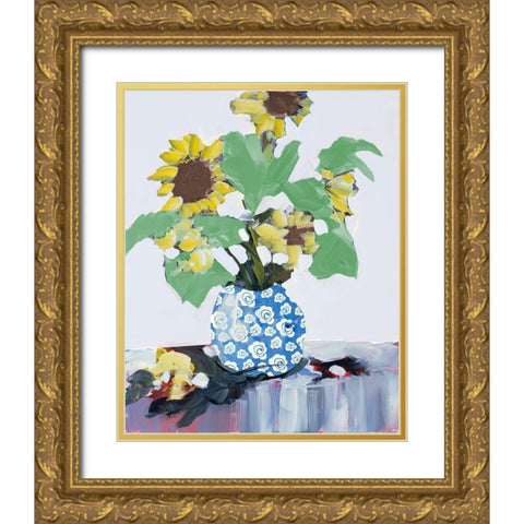 Sunflowers In Decorative Vase Gold Ornate Wood Framed Art Print with Double Matting by Slivka, Jane