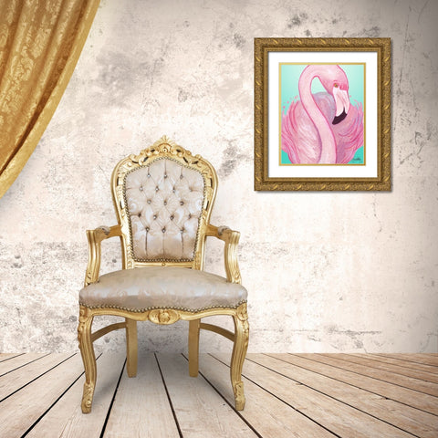 Flamingo Portrait Gold Ornate Wood Framed Art Print with Double Matting by Medley, Elizabeth