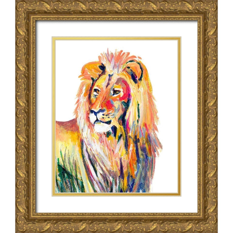 Colorful Lion on White Gold Ornate Wood Framed Art Print with Double Matting by Beauchamp, Andy
