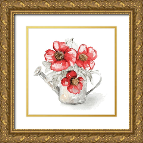 Red Florals In Watering Can I Gold Ornate Wood Framed Art Print with Double Matting by Loreth, Lanie