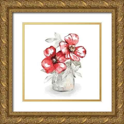 Red Florals In Watering Can II Gold Ornate Wood Framed Art Print with Double Matting by Loreth, Lanie