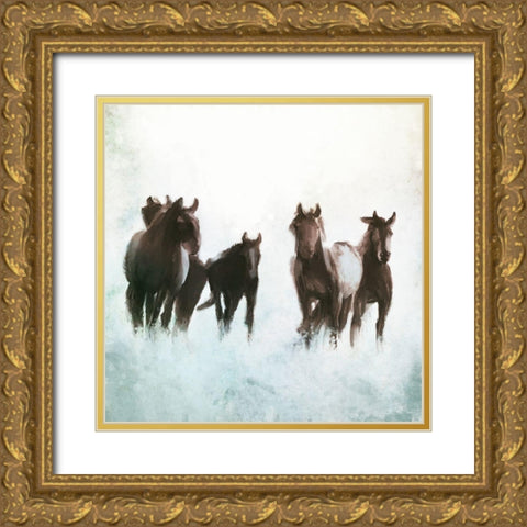 Horses Running through the Surf Gold Ornate Wood Framed Art Print with Double Matting by Meneely, Dan