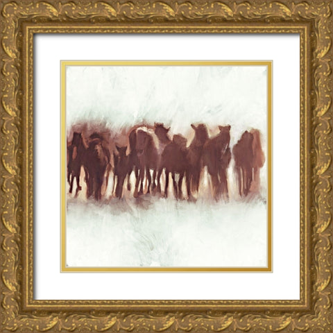 Team of Brown Horses Running Gold Ornate Wood Framed Art Print with Double Matting by Meneely, Dan