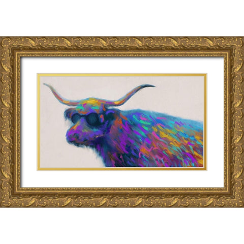 Multicolor Bull Gold Ornate Wood Framed Art Print with Double Matting by Meneely, Dan