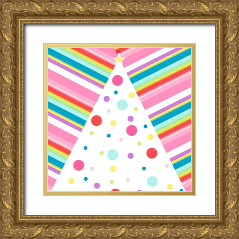 Whimsical Pink Striped Tree Gold Ornate Wood Framed Art Print with Double Matting by SD Graphics Studio