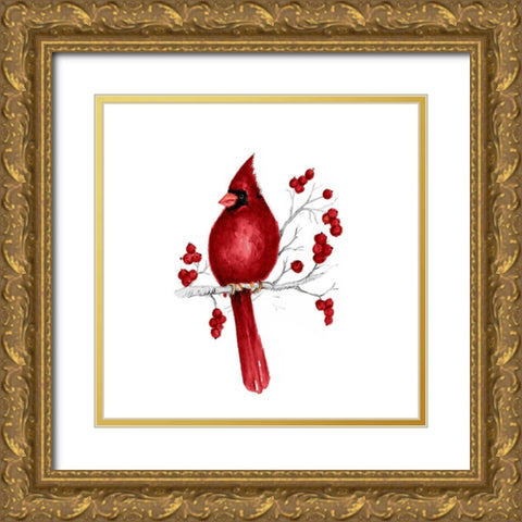 Winter Cardinal in Red II Gold Ornate Wood Framed Art Print with Double Matting by Gaynor, Janice