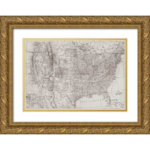 Natural US Map Gold Ornate Wood Framed Art Print with Double Matting by Meneely, Dan