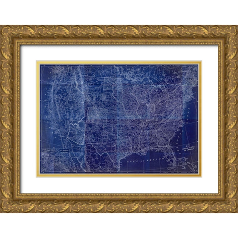 Cobalt US Map Gold Ornate Wood Framed Art Print with Double Matting by Meneely, Dan