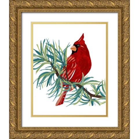 Modern Cardinal on Branch II Gold Ornate Wood Framed Art Print with Double Matting by Loreth, Lanie