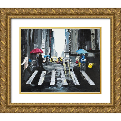 NYC in the Rain Gold Ornate Wood Framed Art Print with Double Matting by Goodrich, Chelsea