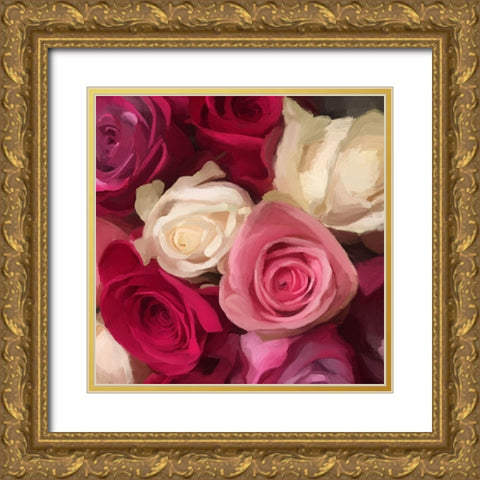 Pink Roses Gold Ornate Wood Framed Art Print with Double Matting by Meneely, Dan