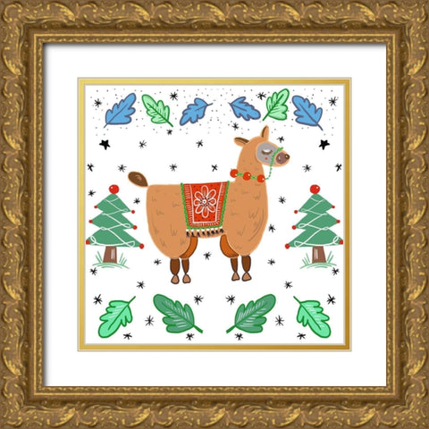 Holiday Llama Gold Ornate Wood Framed Art Print with Double Matting by Del Sol, Ani