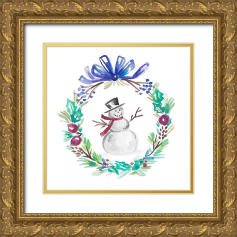 Holiday Snowman Wreath I Gold Ornate Wood Framed Art Print with Double Matting by Del Sol, Ani