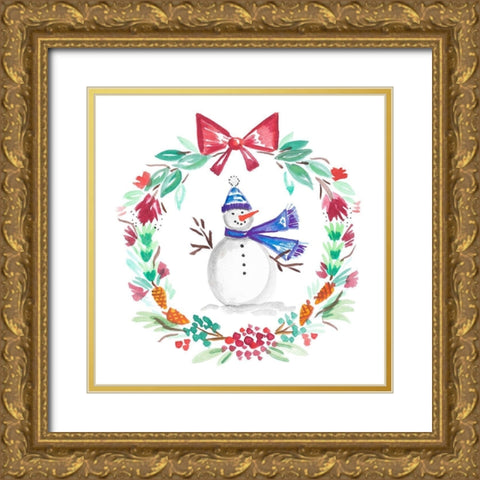 Holiday Snowman Wreath II Gold Ornate Wood Framed Art Print with Double Matting by Del Sol, Ani