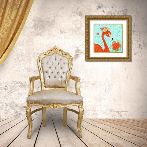 Flamingo in the Rain Gold Ornate Wood Framed Art Print with Double Matting by Del Sol, Ani