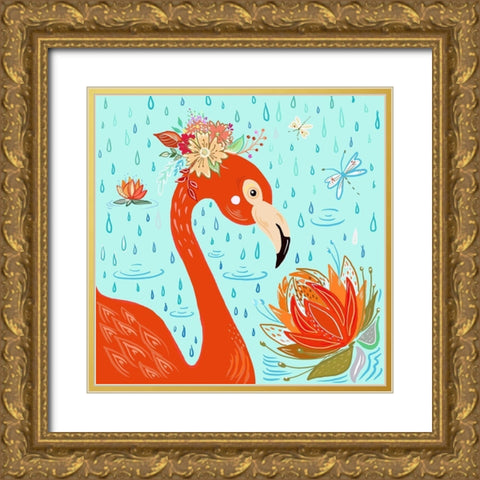 Flamingo in the Rain Gold Ornate Wood Framed Art Print with Double Matting by Del Sol, Ani