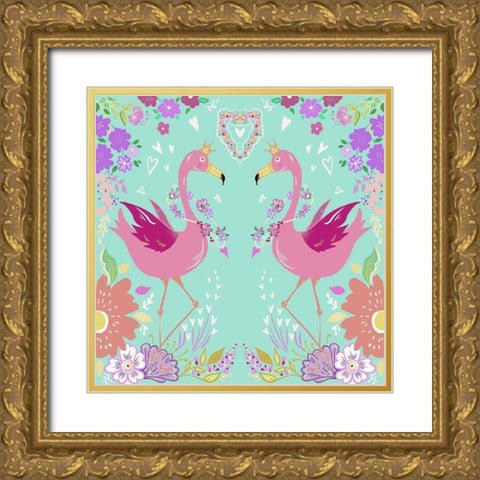 Flamingos in Love Aqua Gold Ornate Wood Framed Art Print with Double Matting by Del Sol, Ani