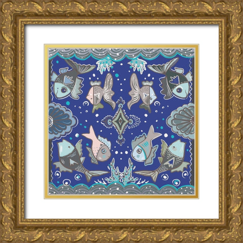Fishes in Blue Sea Gold Ornate Wood Framed Art Print with Double Matting by Del Sol, Ani