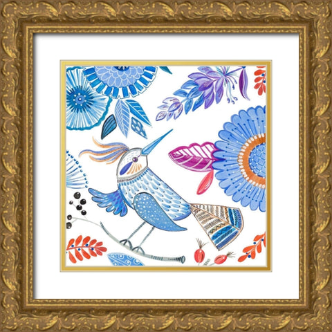 Bird with Flowers I Gold Ornate Wood Framed Art Print with Double Matting by Del Sol, Ani