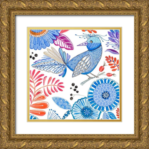 Bird with Flowers II Gold Ornate Wood Framed Art Print with Double Matting by Del Sol, Ani