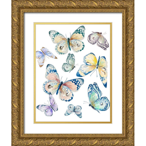 Colorful Isolated Butterflies Gold Ornate Wood Framed Art Print with Double Matting by Pinto, Patricia
