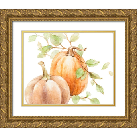 Fall Vines and Two Pumpkins Gold Ornate Wood Framed Art Print with Double Matting by Loreth, Lanie
