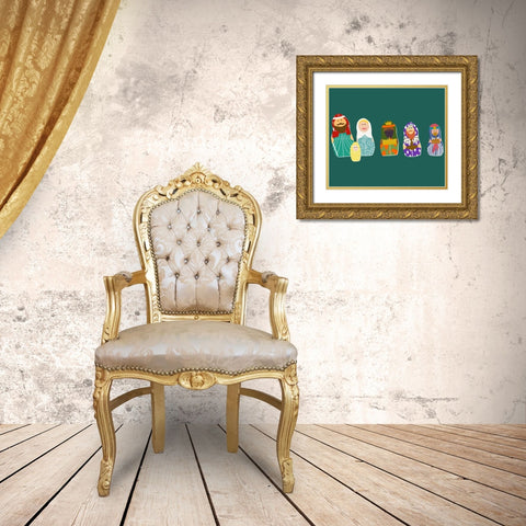Nativity Matryoshka Dolls Gold Ornate Wood Framed Art Print with Double Matting by Bucheli, Jen