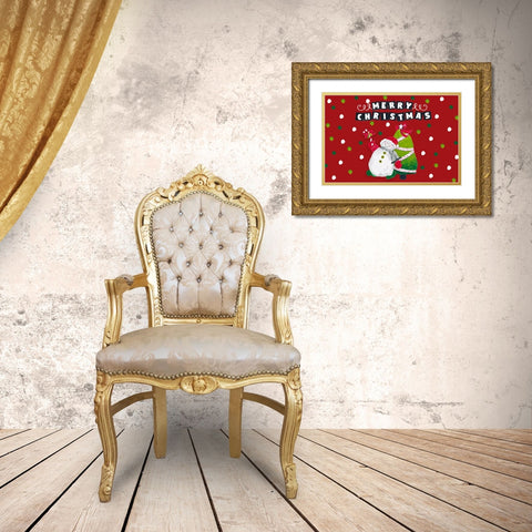 Merry Christmas Snowman and Tree Gold Ornate Wood Framed Art Print with Double Matting by Pinto, Patricia