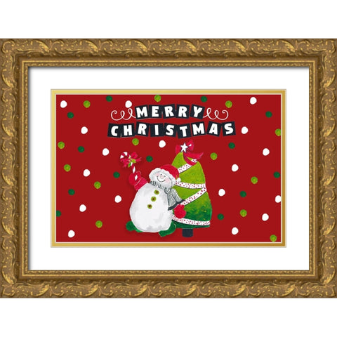 Merry Christmas Snowman and Tree Gold Ornate Wood Framed Art Print with Double Matting by Pinto, Patricia