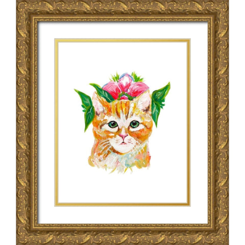 Cat with Flower Crown Gold Ornate Wood Framed Art Print with Double Matting by Beauchamp, Andy
