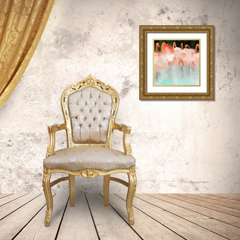 Flamingo Dance Gold Ornate Wood Framed Art Print with Double Matting by Meneely, Dan