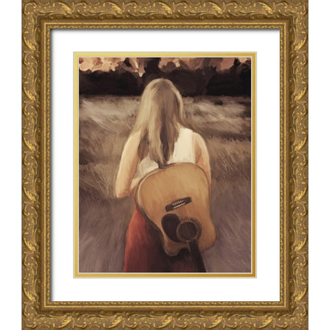 Traveling With My Guitar Gold Ornate Wood Framed Art Print with Double Matting by Meneely, Dan