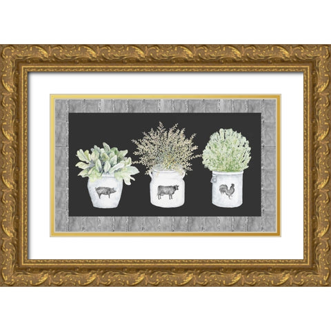 Potted Farm Arrangement Trio on Chalkboard Gold Ornate Wood Framed Art Print with Double Matting by Gaynor, Janice