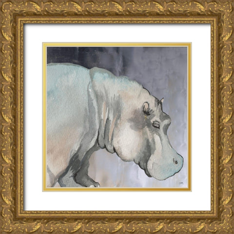 Thoughtful Hippo Gold Ornate Wood Framed Art Print with Double Matting by Medley, Elizabeth