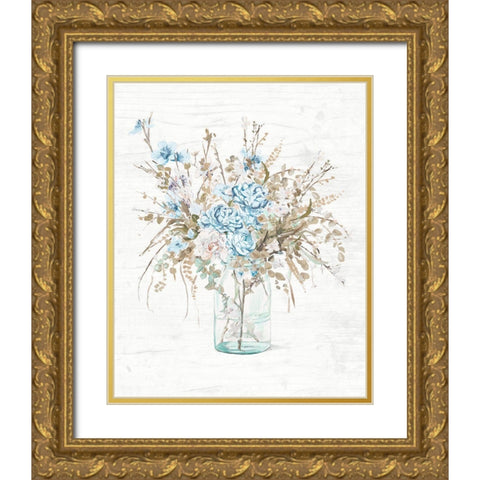 Blue Flowers In Glass Vase Gold Ornate Wood Framed Art Print with Double Matting by Pinto, Patricia
