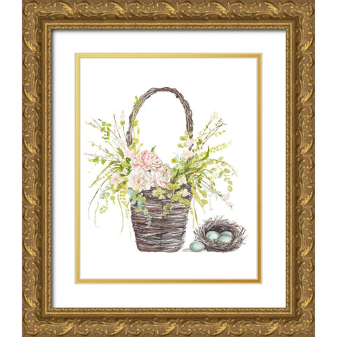Spring Flower Basket Gold Ornate Wood Framed Art Print with Double Matting by Pinto, Patricia