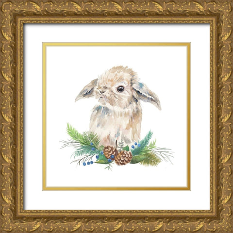 Floppy Eared Bunny on Greenery Gold Ornate Wood Framed Art Print with Double Matting by Pinto, Patricia