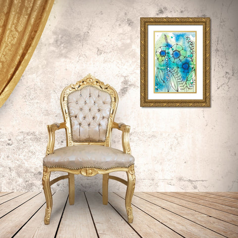 Blue Watercolor Wildflowers I Gold Ornate Wood Framed Art Print with Double Matting by Krinlox