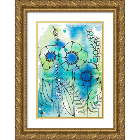 Blue Watercolor Wildflowers I Gold Ornate Wood Framed Art Print with Double Matting by Krinlox